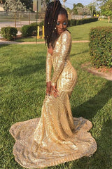 Long V-neck Sequined Mermaid Formal Prom Dress with Sleeves