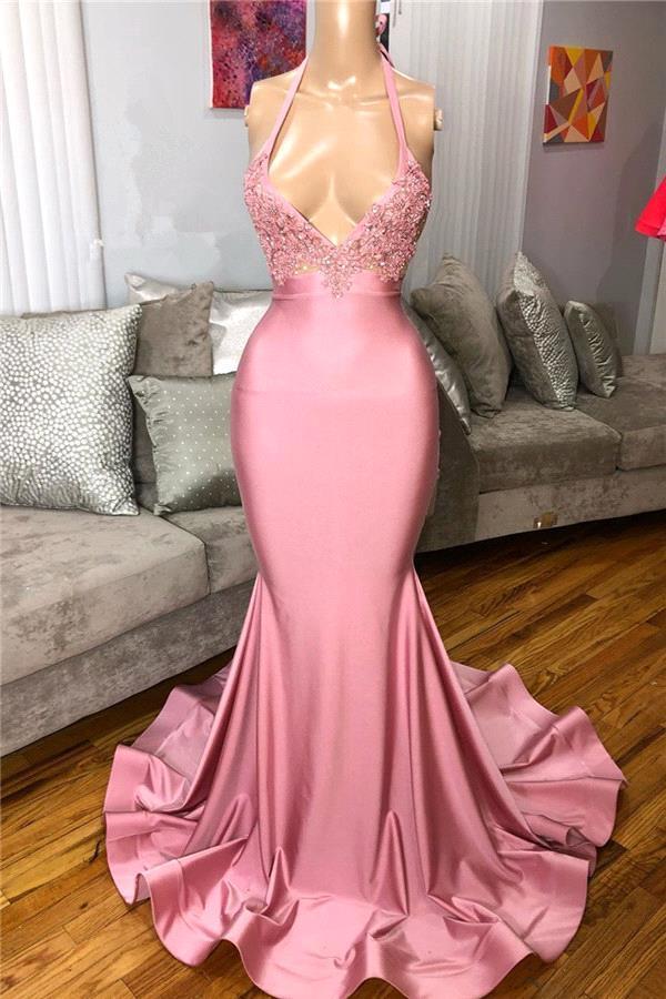 Long Halter Spaghetti Straps Floor Length Appliques Mermaid Prom Dress
