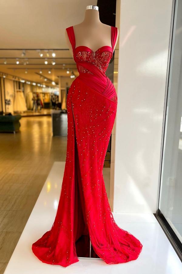 Sexy Long Mermaid Sweetheart Sleeveless Satin Lace Prom Dresses with Slit