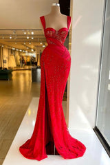 Sexy Long Mermaid Sweetheart Sleeveless Satin Lace Prom Dresses with Slit