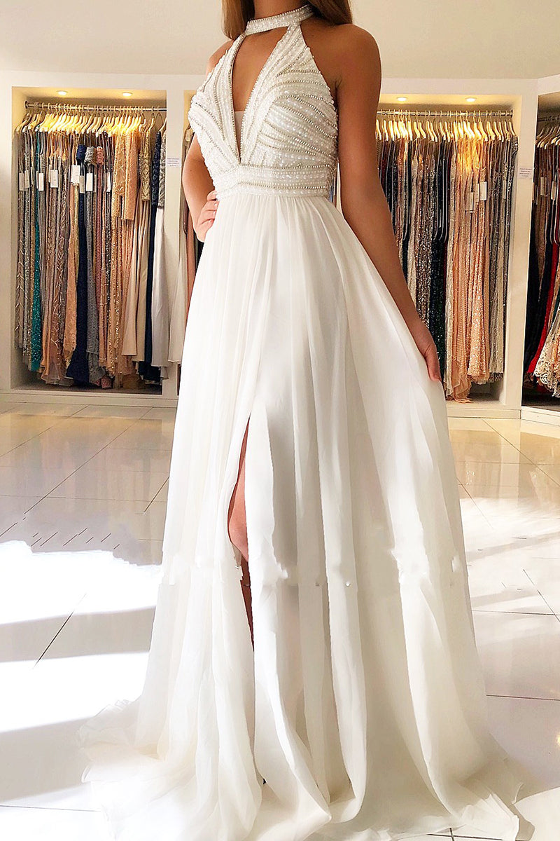 Long Halter Beading Keyhole Backless A-Line Prom Dress With Side Slit