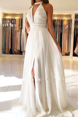 Long Halter Beading Keyhole Backless A-Line Prom Dress With Side Slit