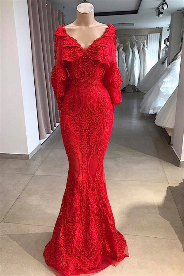 Long Mermaid V-neck Beading Lace Formal Evening Dresses with Sleeves