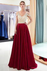 Long V-neck Satin A-line Beaded Formal Evening Dress
