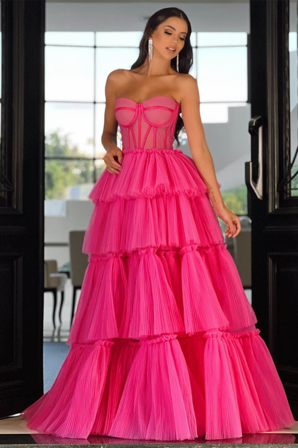 Fuchsia Long A-line Sweetheart Ruffles Tulle Prom Dresses