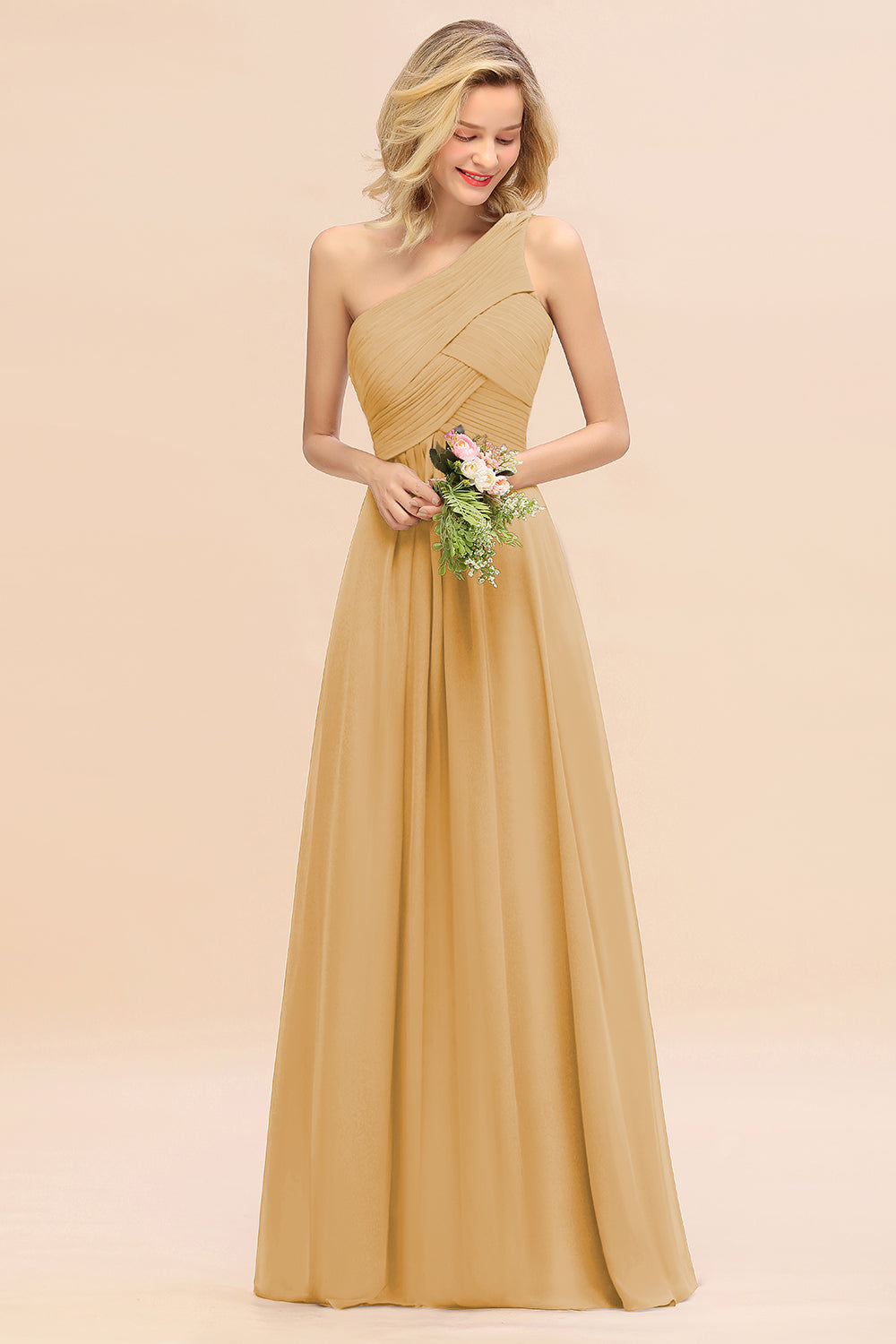 Elegant A-line Chiffon Ruffles One Shoulder Long Bridesmaid Dress