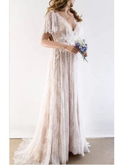 Long A-Line V Neck Tulle Lace Wedding Dress with Short Sleeve