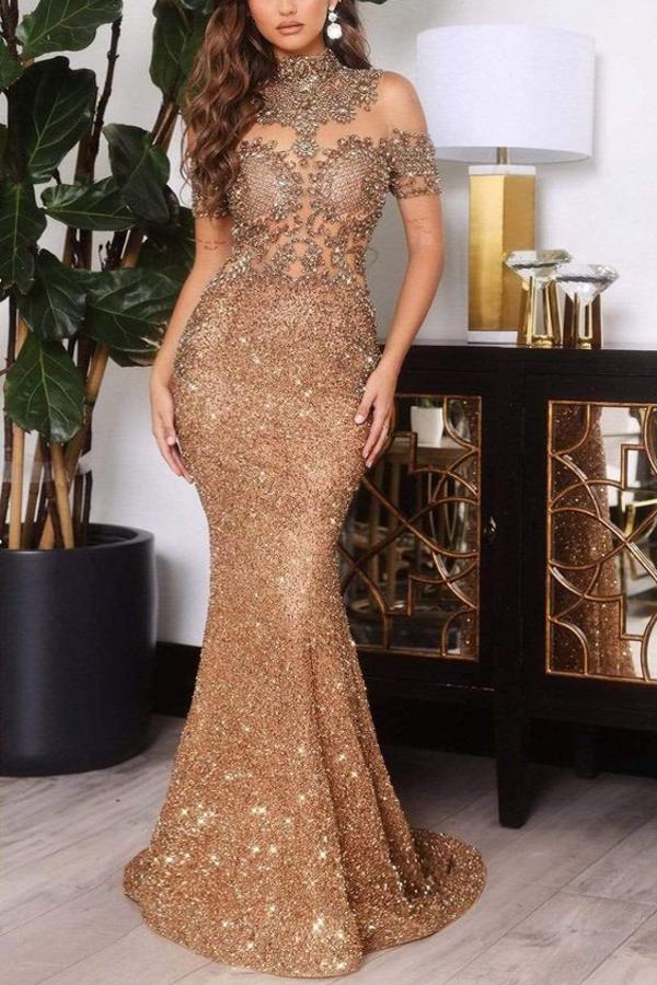 Luxury Gold Mermaid High Neck Sequined Beading Long Formal Evening Dresses