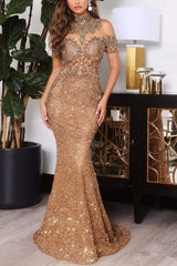 Luxury Gold Mermaid High Neck Sequined Beading Long Formal Evening Dresses