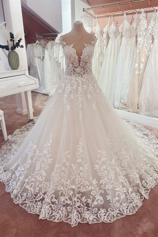 Long Appliques Lace A-Line Sweetheart Tulle Floor Length Wedding Dress