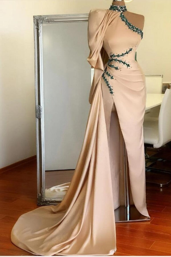 Elegant High Neck One Shoulder Long Sleeve Mermaid Prom Dress With Split