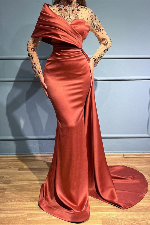 Long Mermaid One Shoulder Ruffles Satin Beading Lace Formal Dress with Sleeves