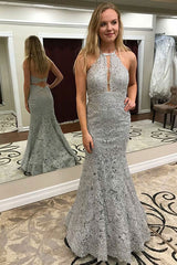 Long Lace Halter Backless Mermaid Prom Dresses