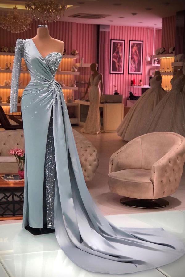 Simple One Shoulder Long Sleeve Appliques Sequins Ruffles Mermaid Prom Dress with Slit