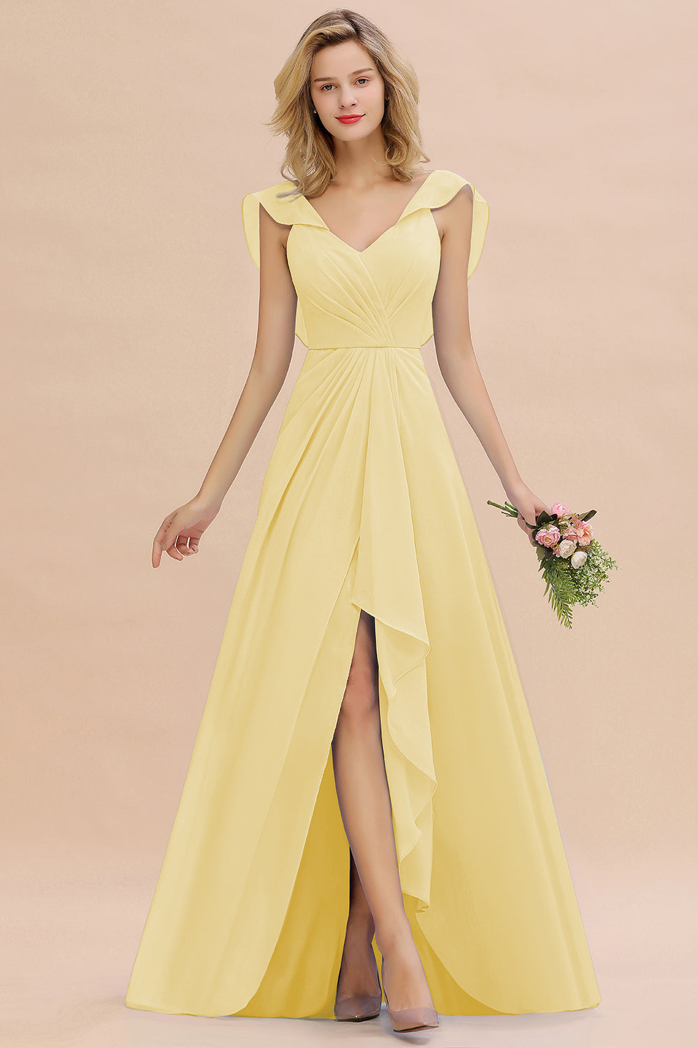 Simple High Low A-line V-Neck Ruffles Chiffon Daffodil Bridesmaid Dress