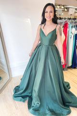 Long V-neck A-line Backless Ruffles Floor Length Spaghetti Straps Prom Dress
