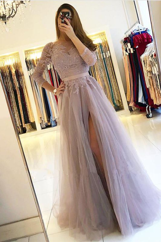 Chic Long Sleeve Lace A-Line Tulle Floor Length Prom Dress With Side Slit