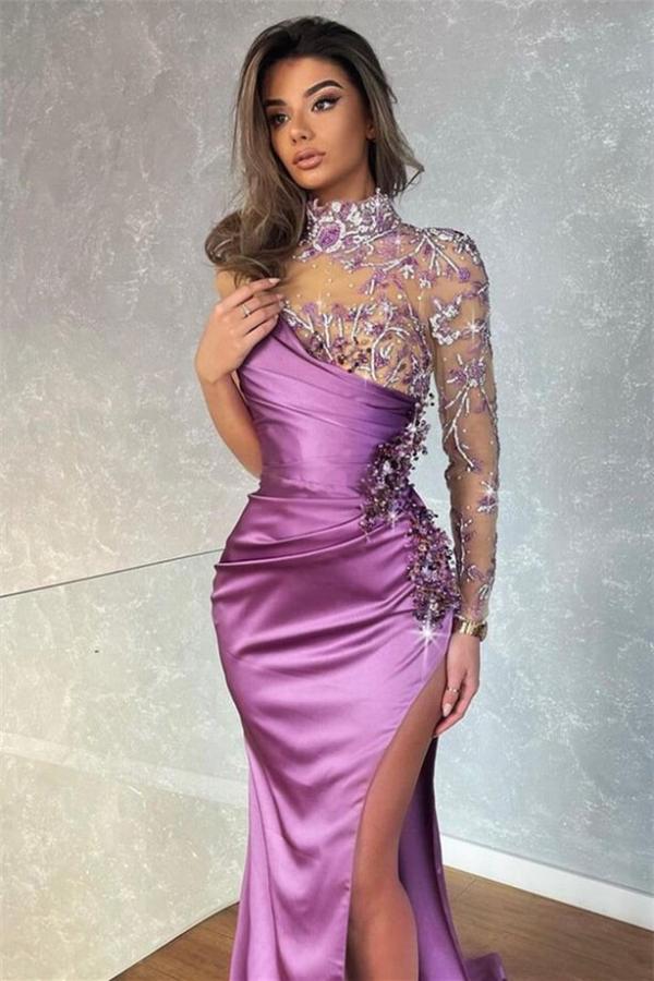Modern Long Mermaid Satin High Neck Front Slit Prom Dress with Sleeves
