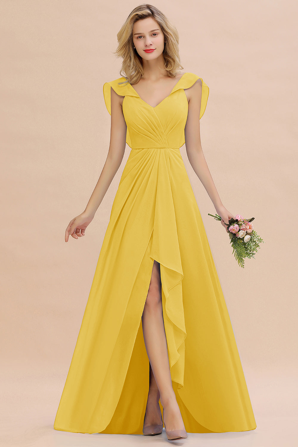 Simple High Low A-line V-Neck Ruffles Chiffon Yellow Bridesmaid Dress