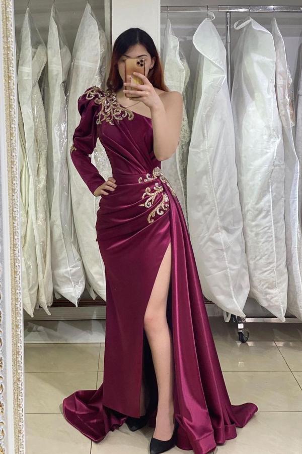 Long Mermaid One Shoulder Side Slit Formal Evening Dress with Sleeves