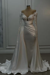 White Long Mermaid V-neck Satin Lace Wedding Dresses with Sleeves