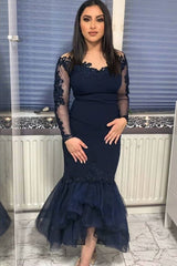 Elegant Long Sleeve Appliques Lace Tea-length Mermaid Formal Evening Dress
