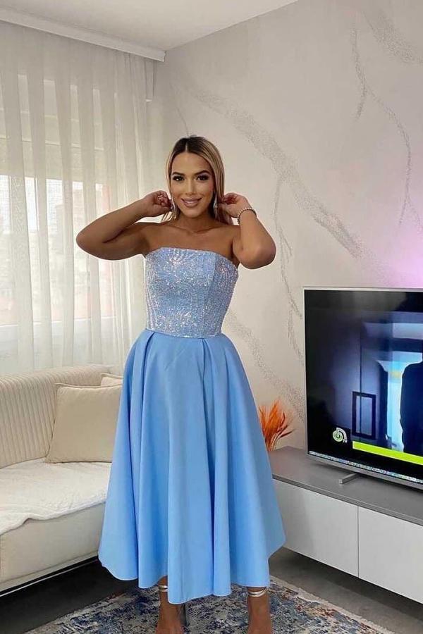 Simple Short A-line Strapless Satin Glitter Party Dress