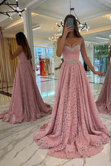 Stunning Long A-line Sweetheart Beadings Lace Prom Dresses