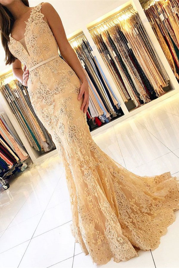 Elegant Long V-neck Wide Straps Appliques Lace Floor Length Mermaid Prom Dress With Sash