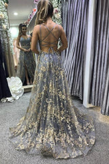 Long A-line V-neck Spaghetti Straps Open Back Prom Dress with slit