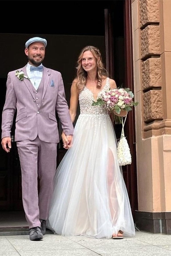 Simple Long A-line V-neck Tulle Lace Wedding Dress with Slit