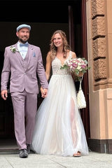 Simple Long A-line V-neck Tulle Lace Wedding Dress with Slit
