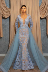 Long Sleeves Mermaid V-neck Tulle Lace Formal Dress with overskirt