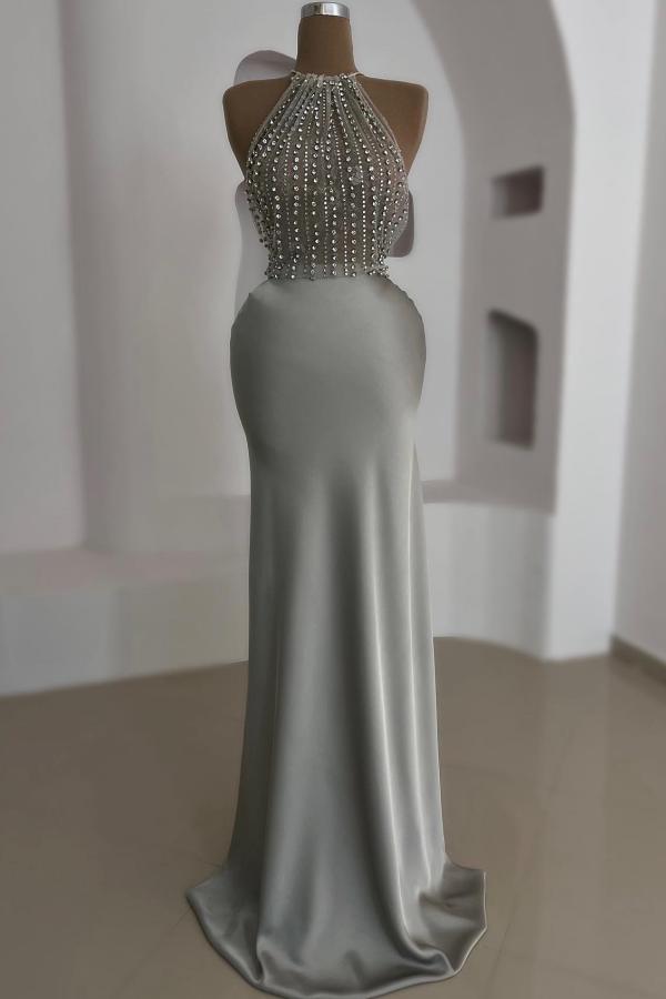 Long Mermaid Halter Lace Satin Sleeveless Beading Prom Dresses