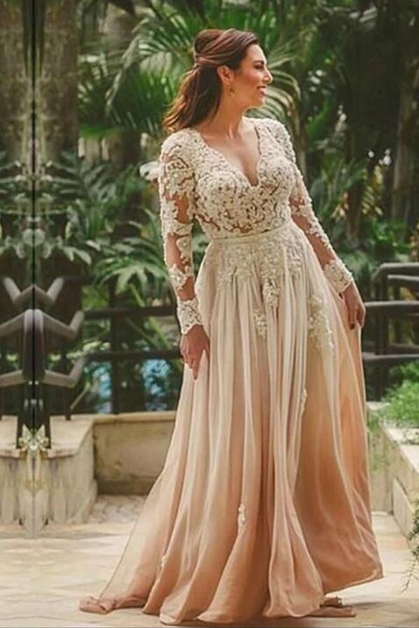 Long A-line V-neck Chiffon Lace Backless Wedding Dresses with Sleeves