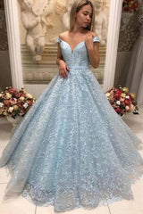 Long A-line Sweetheart Off the Shoulder Floor Length Appliques Lace Prom Dress