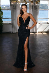 Sparkly Long Mermaid V-neck Backless Sequined Black Formal Prom Dress with Slit