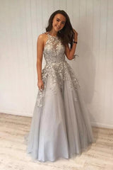 Long A-line Halter Lace Tulle Floor Length Prom Dress