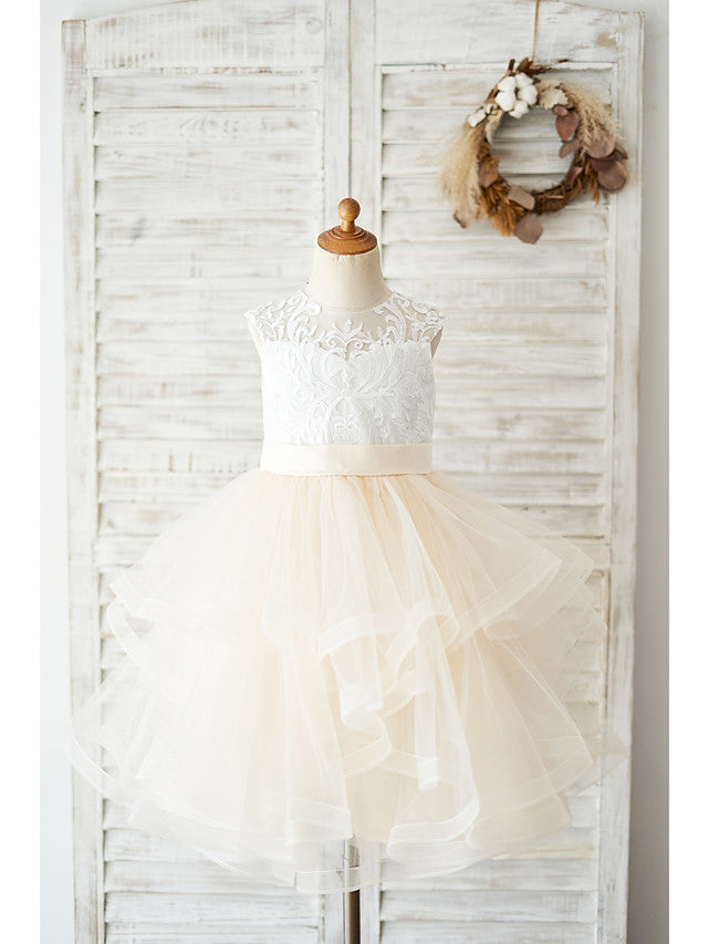 Short Ball Gown Sleeveless Jewel Neck Knee Length Birthday Flower Girl Dresses