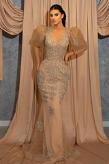 Long Mermaid V-neck Tulle Lace Formal Evening Dress with Puffy Sleeves