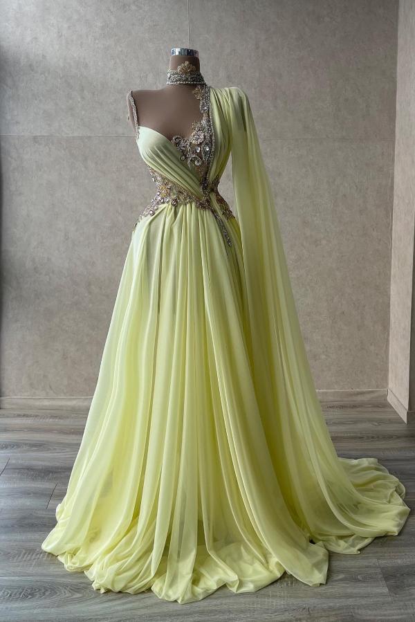 Long A-line One Shoulder Sweetheart Chiffon Beading Prom Dresses with Cape