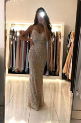 Long Spaghetti Straps V-neck Mermaid Sequins Floor Length Prom Dress