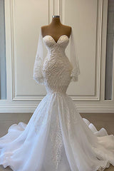 Long Mermaid Sweetheart Strapless Beadings Lace Wedding Dress with Sleeves