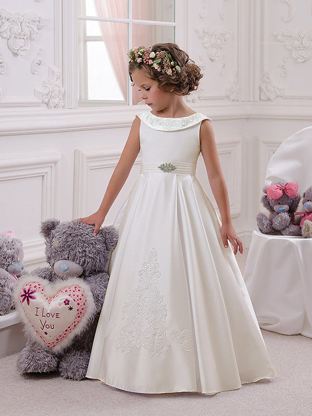 White A-line Satin Flower Girl Dresses Long  Christmas Dresses