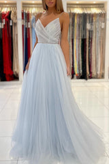 Long Spaghetti Straps V-neck Beading A-Line Tulle Ruffles Prom Dress