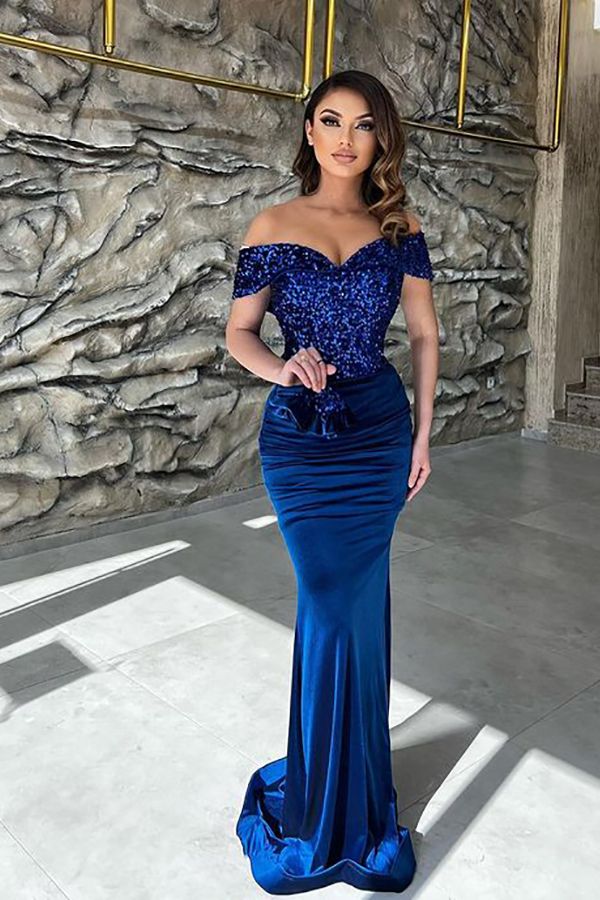 Long Mermaid Off the Shoulder Velvet Evening Formal Dresses