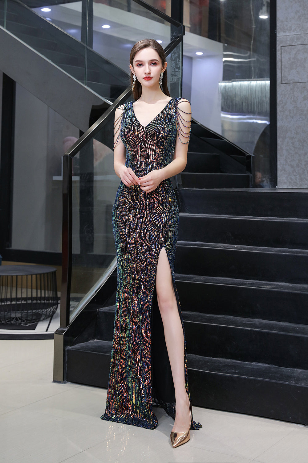 Mermaid V-Neck Sequins Long Evening Dress With Split