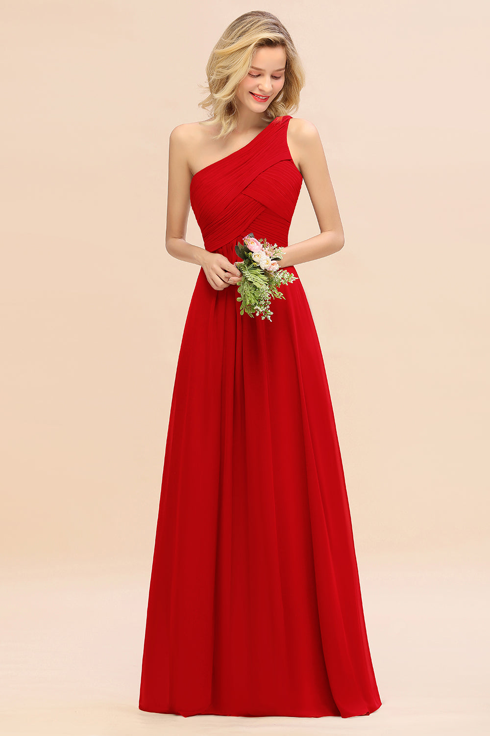 Elegant A-line Chiffon Ruffles One Shoulder Long Bridesmaid Dress