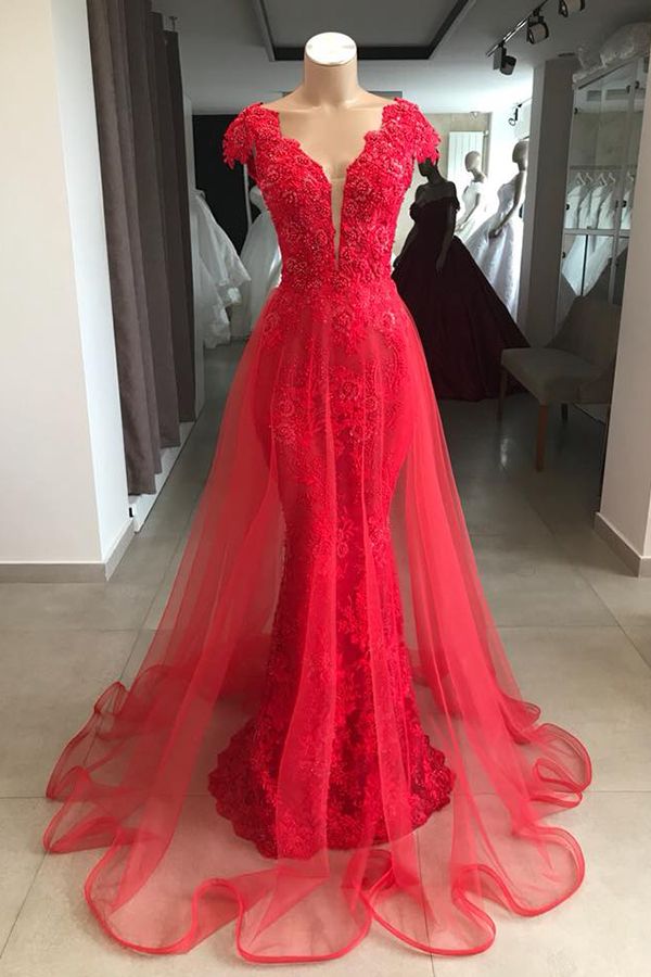 Long V-neck Lace Mermaid Floor Length Prom Dress With Tulle