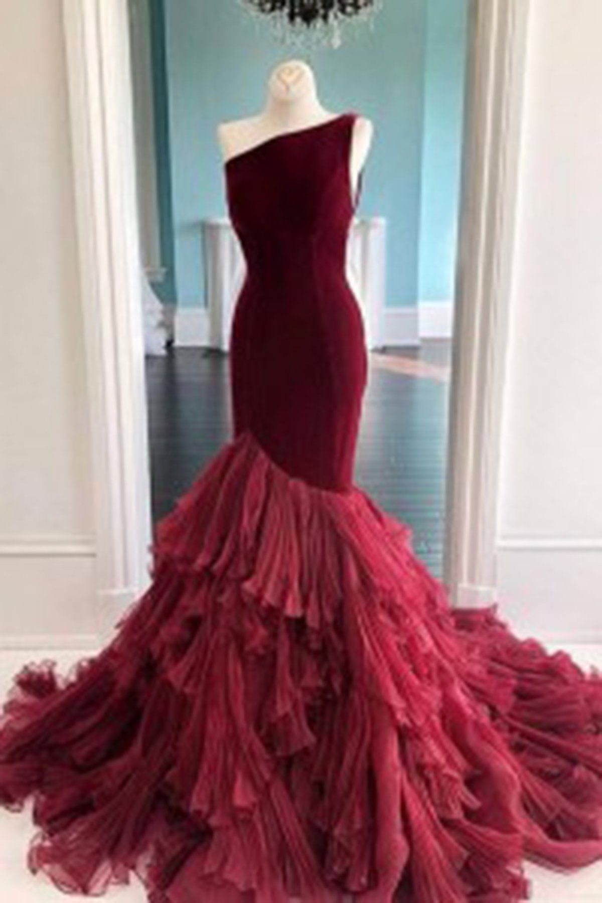 Burgundy Tulle Velvet Long Mermaid Dress Formal Evening Dress